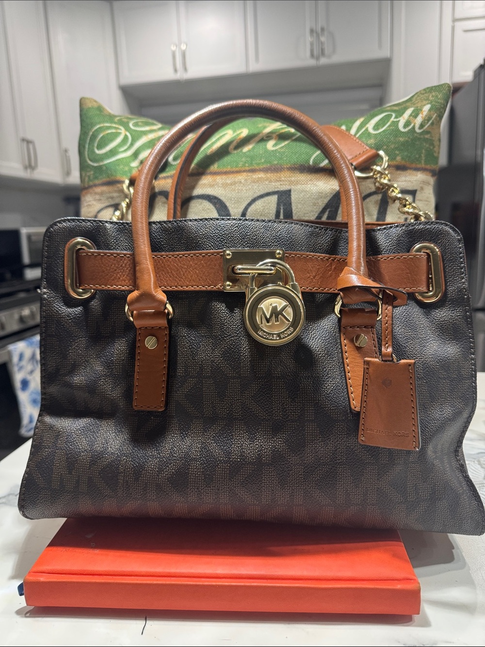 Michael Kors Brown & Tan Signature Satchel with Gold Hardware